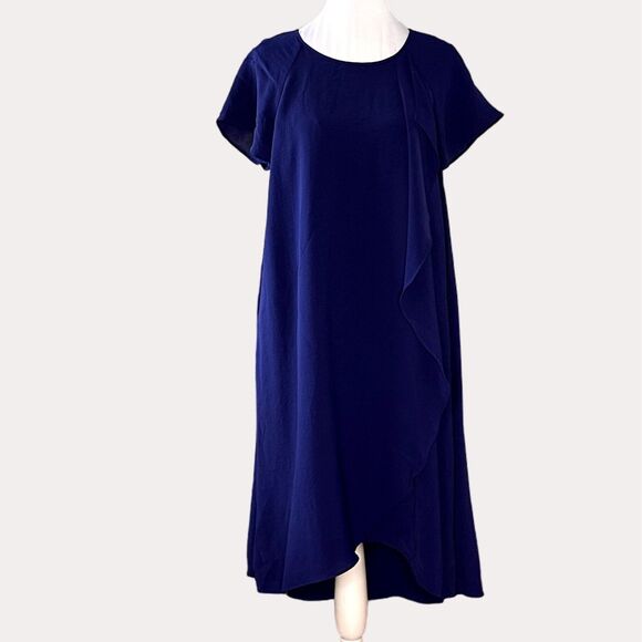 Adrianna Papell Slinky Knit High Low Corkscrew Ruffle Dress Blue 8 - Picture 2 of 9
